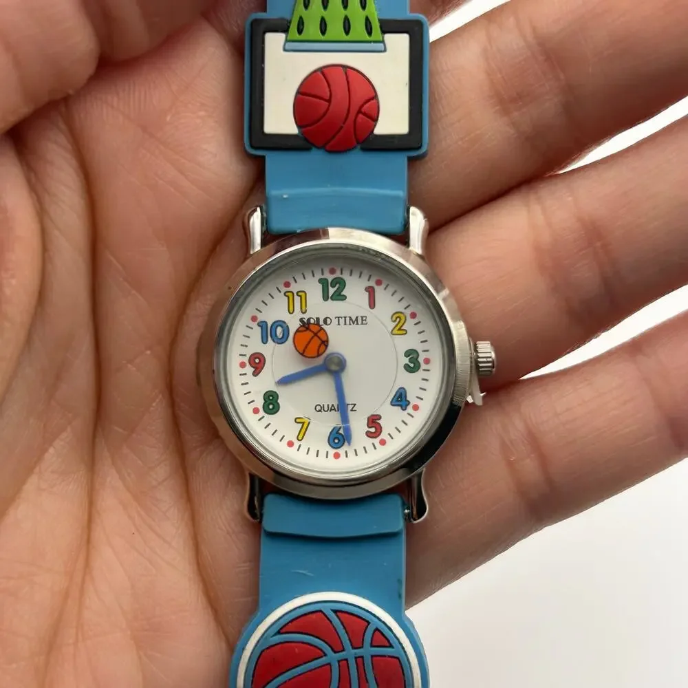 SOLO TIME Silver Tone Basket Ball Sports Blue Silicon 27mm Kids Watch